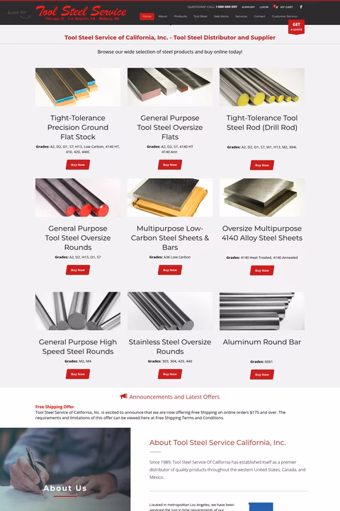 Tool-Steel-Services-Of-California Homepage 1440px