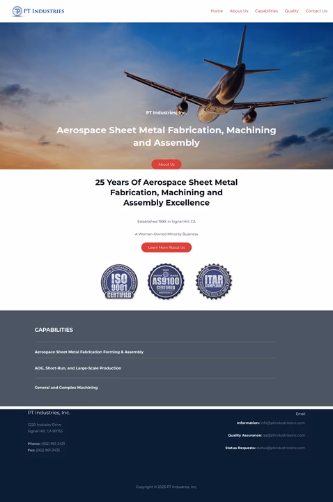 Pt-Industries-Inc Homepage 1440px