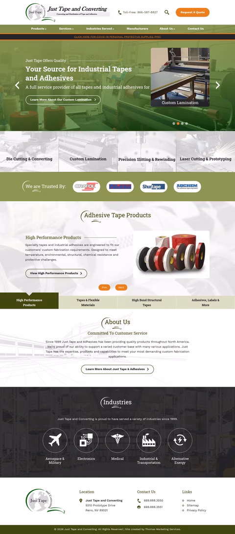 Just-Tape-And-Converting Homepage 1440px