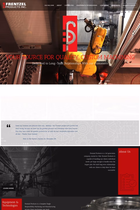 Frentzel Products Inc Homepage 1440px