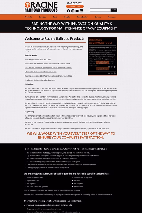 Racine Railroad Products Homepage 1440px