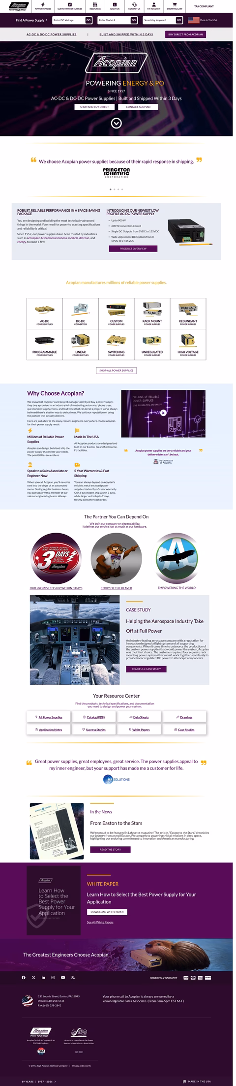 Acopian-Power-Supplies Homepage 1440px