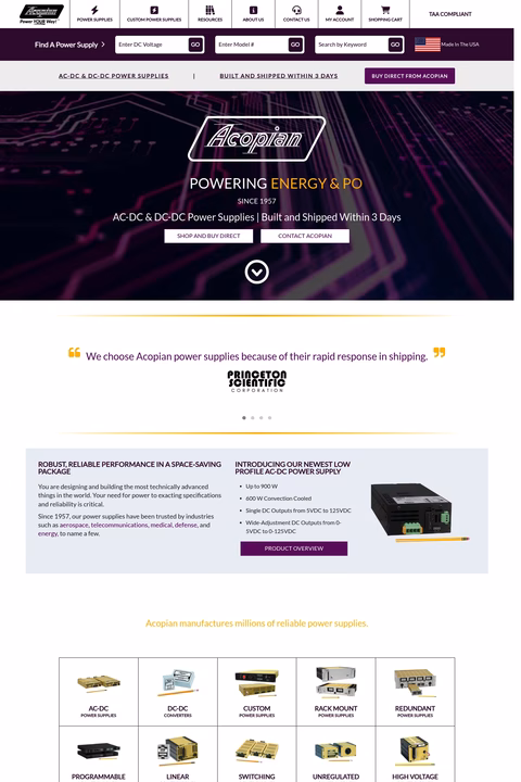 Acopian-Power-Supplies Homepage 1440px