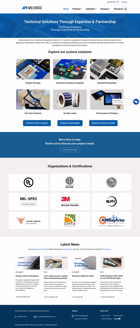 Melrose-Nameplate-Label-Company Homepage 1440px