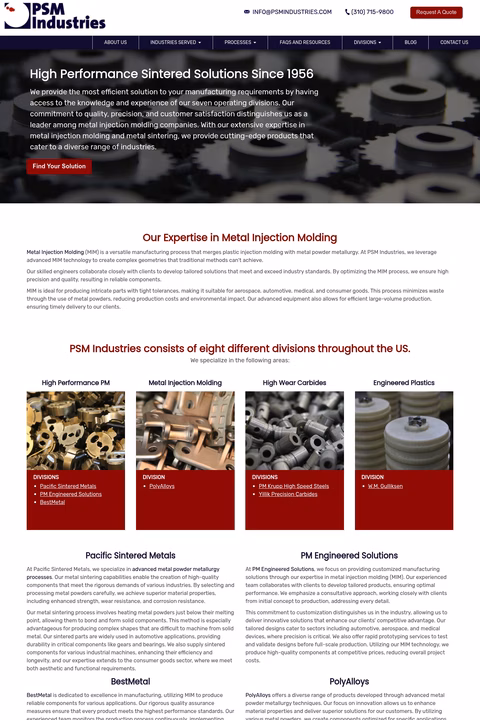 Pacific-Sintered-Metals Homepage 1440px